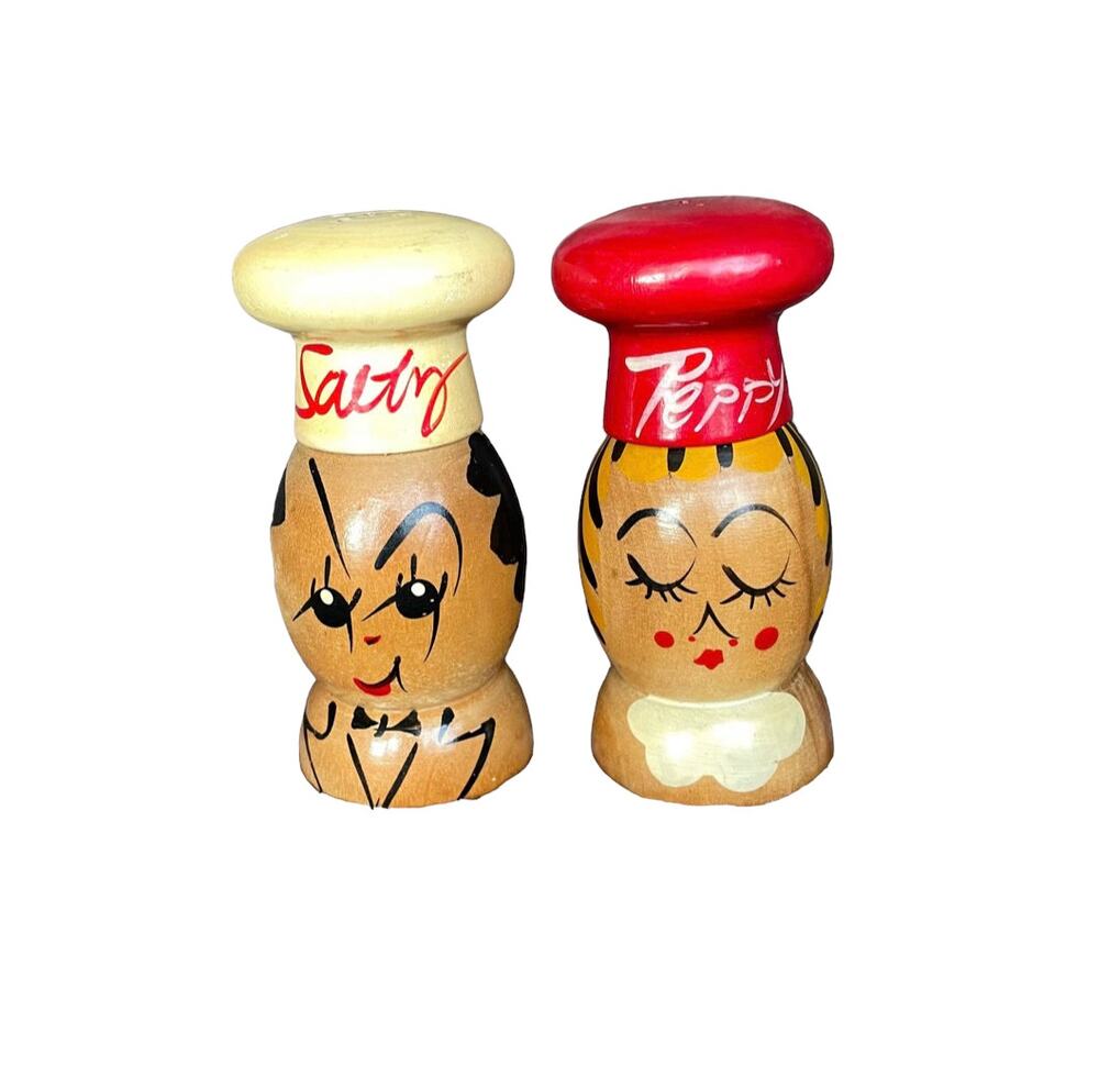 Vintage Salty & Peppy Wooden Salt & Pepper Shakers Japan MCM Hand Painted